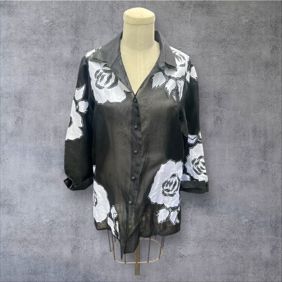Marisa Baratelli Tops - Marisa Baratelli Sheer Blouse Black White Flower Bow Size 8 NEW